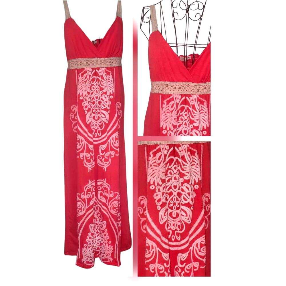 Shoreline Coral Embroidered Boho Women’s Tank Sundress Size XL Crochet straps